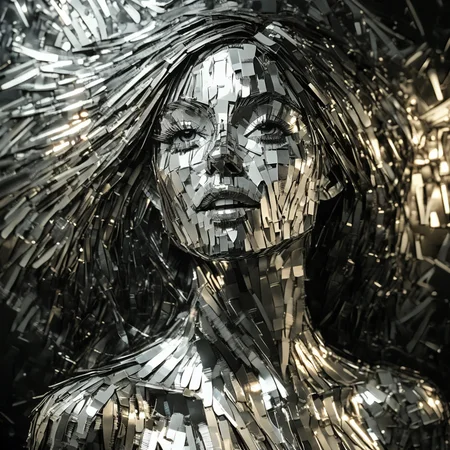 franglamex professional studio portrait of a beautiful girl made of metal, high details and very detailed, cinematic, professional light black background <lora:franglamex:1>