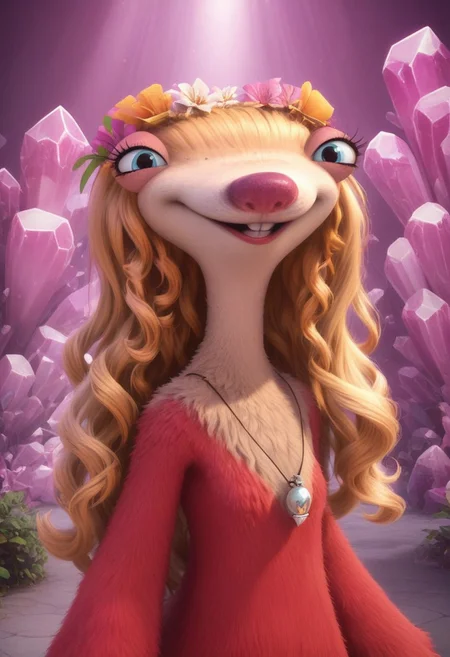furry, anthro, female sloth, ground sloth, blue eyes, blonde hair, long wavy hair, red fur, red fur dress, blonde fur on upper body, two-toned fur, pink nose, buckteeth, hair ornament, white claws, no ear, score_9, score_8_up, score_7_up, BREAK, 1girl, solo, looking at viewer, cute, smiling, smug, walking, wink at viewer, head tilt, female focus, looking at viewer, pink crystal background, detailed background, 4k, masterpiece, best quality, highly detailed, realistic, closeup