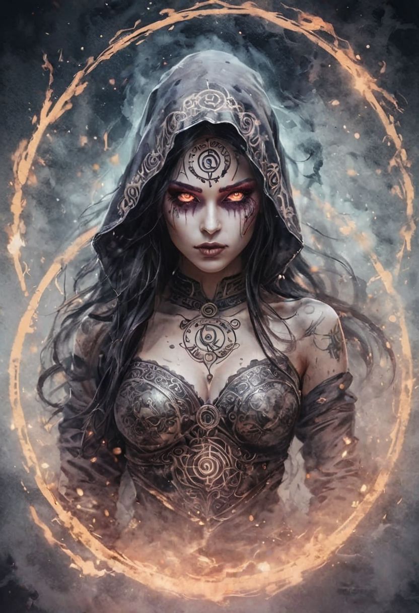 Ink illustration on parchment. A ghostly female . Prophet of Chaos Gods. Undead. barbarian armor Canvas hoods. seductive. eroticism. Runic circle. Elements. Glowing eyes. Bokeh blur. Colorful. BadDream, DEVIL SPAWN.