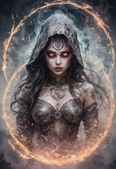 Ink illustration on parchment. A ghostly female . Prophet of Chaos Gods. Undead. barbarian armor Canvas hoods. seductive. eroticism. Runic circle. Elements. Glowing eyes. Bokeh blur. Colorful. BadDream, DEVIL SPAWN.