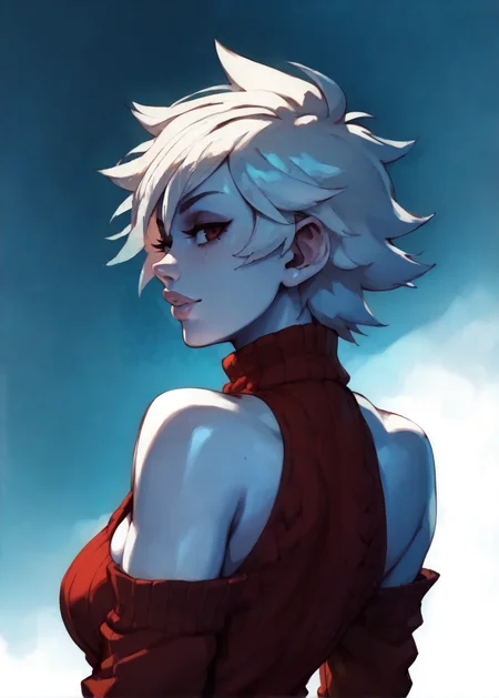 white skins, spiky red short tomboy hair, neutral expression, tight sweater, <lora:NAHIRI:1> nahiri, 1girl, solo, short hair, breasts, bare shoulders, white hair, colored skin, boob cutout, side boob, <lora:RD-MAnon-XLV1.1:1> female,, source_anime, score_9_up, score_7_up, score_8_up