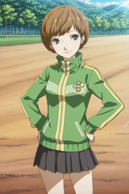 anime screencap, anime coloring, detailed face, masterpiece, best quality, very aesthetic, absurdres, volumetric lighting, official style, amazing quality, ultra detailed, highres, amazing quality, scenery, beautiful detailed hair, beautiful detailed eyes,
<lora:StS-Illustrious-Detail-Slider-v1.0:4>
<lora:Chie_Satonaka_and_Yukiko_Amagi_Persona_4:.7>
<lora:Persona_5_Royal_and_Strikers_2D_cutscene_art_style_Illustrious_V2:1>
girl is 18 years old, outdoors, 1girl, satonaka chie, solo, brown hair, track jacket, skirt, short hair, jacket, brown eyes, hands on own hips, standing, socks, button badge, cowboy shot, smile