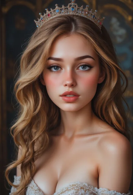 A regally youthful Teen queen, her presence exudes a captivating mix of innocence and power: golden curls cascading in delicate waves, soft peachy cheeks touched by a hint of blush, and piercing sapphire eyes that seem to hold a world of secrets. This stunning portrait, likely a painting, perfectly captures the ethereal beauty and inner strength of the young monarch. The level of detail is impeccable, with every brushstroke enhancing the intricate lace of her gown and the shimmering jewels adorning her crown. The overall composition is breathtaking, evoking a sense of majesty and grace that transcends mere teenage years.