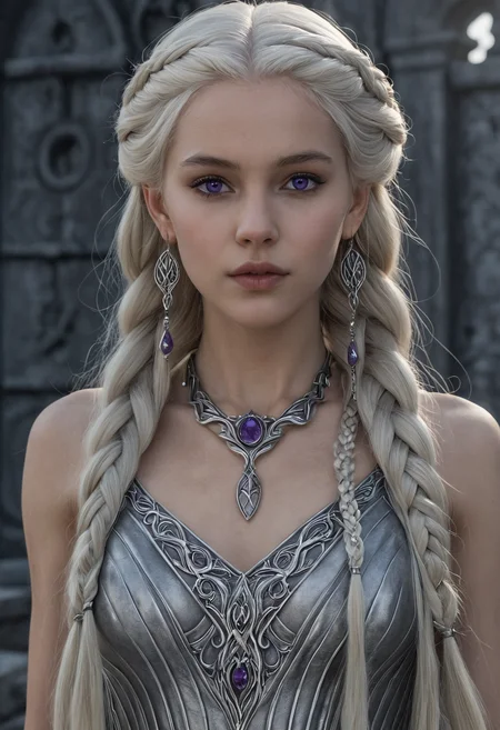 professional 3d model <lora:ul0px:1>,ul0px,(dress, jewelry, necklace, earrings, fantasy art),, (Hair, Long, silver-blonde hair (often described as pale as moonlight), a hallmark of her Targaryen lineage. In the books, her hair is worn in intricate braids, symbolizing victories and tradition:1), (Eyes, Large, violet eyes, often noted for their intensity and otherworldly quality, typical of the Valyrian race:1), (Skin, Pale, creamy complexion with a smooth, almost luminous quality that enhances her striking beauty:1), (Build, Slim and petite, yet strong and resilient, reflecting her gradual transformation from a timid girl into a determined leader:1),  short in stature, . octane render, highly detailed, volumetric, dramatic lighting