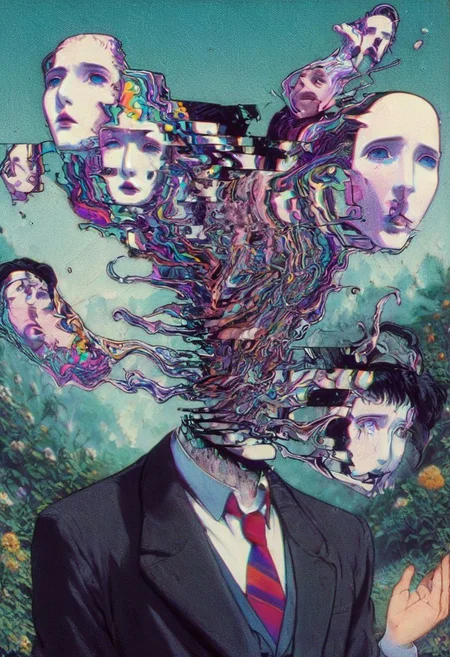 Colorful glitched Sketch By herg, Closeup Portrait, a beautiful busty crazy laughing Fantasy glitched head magician with Brown Hairbun, giant cute ghosts flying, sinister Dark, cinematic, deep blacks,