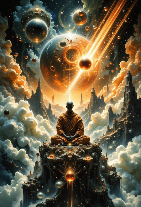 A surreal, dreamlike scene set high above a dense cloud cover. A small, floating rocky sphere hovers in the sky, where a monk dressed in traditional robes sits cross-legged in deep meditation. The monk exudes calmness and stillness, contrasting with the dynamic, otherworldly landscape. In the vast sky around him, several asteroids streak downward, their fiery trails cutting across the scene as they fall towards the clouds below. The warm, ethereal lighting and gentle colors of dawn or dusk cast a soft glow over the entire composition, evoking a sense of tranquility amid cosmic chaos. <lora:flux_sparklycism.safetensors:0.5>,  <lora:ancient.safetensors:0.6>,  <lora:Elden_Ring_-_Yoshitaka_Amano.safetensors:1.0>,  <lora:The_Dark_Side_Of_The_Future.safetensors:0.33>,  <lora:aiai-Glimra-Flux-Dev-v2.safetensors:0.5>,  <lora:Engel-Retro-FLUX-Wave-000001.safetensors:1.0>,  <lora:Ethereal Grace - s1 g4.safetensors:0.5>,  <lora:DarkCore-000003.safetensors:1.0>,