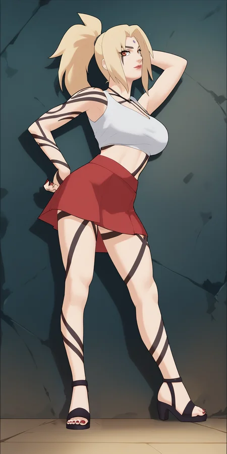 first-person perspective, Perfect Hands,Perfect feet, score_9, score_8_up, score_7_up, score_6_up, score_anime,1girl, blonde hair, tsunade (naruto),White crop top,red skirt, ponytail, solo, standing,,blone hair,black sandals,red nails,leg up, spread legs, <lora:tsunade_train_v5-000009:0.9>, tsunade's sandals \(sandals\), forehead mark,(tattoos:0.4, one-line,Byakugou noJutsu),(srudio background:1.2),<lora:Perfect Hands:0.8> <lora:Smooth_Anime_2_Style_SDXL_LoRA_Pony_Diffusion_V6_XL:0.8> ï¼