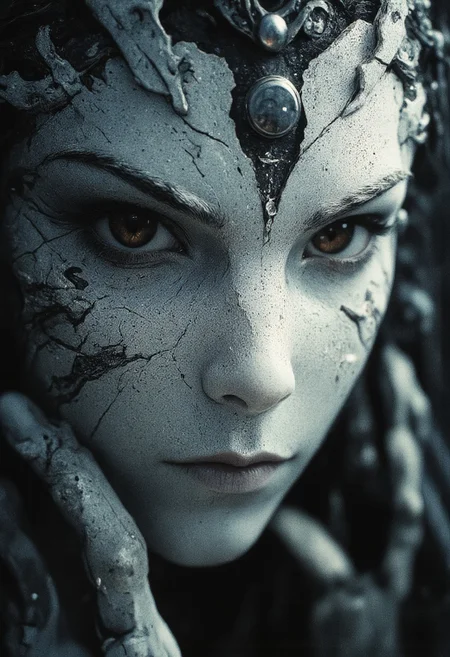 The image is a highly detailed, CGI-rendered digital artwork capturing an extreme close-up of a mystical woman. She wears an enigmatic mask made of white plaster, distinguished by two large, round, black dots serving as eyes. The mask’s surface is intricately detailed with cracks and fissures, through which the exquisitely rendered features of her face are subtly revealed. Her expression, partially hidden yet powerfully evocative, hints at ancient secrets and deep emotion. Bathed in soft, ethereal light, the scene exudes a surreal quality that heightens its mystical allure. Gentle, diffused illumination caresses the delicate contours of the plaster mask and the intricate details of her skin, emphasizing the interplay of light and shadow. The ambient glow enhances the texture of the fractured plaster, casting soft highlights along the edges of the cracks, while deep, tender shadows add a sense of depth and intrigue to her partially unveiled visage.
The overall atmosphere is one of profound mystery and quiet intensity—a visual narrative where concealment and revelation intertwine. Rendered in ultra-realistic 8K quality, every nuance from the mask’s subtle imperfections to the soulful glimpse of the woman beneath is brought to life, creating an artwork that is both hauntingly beautiful and enigmatically inviting.