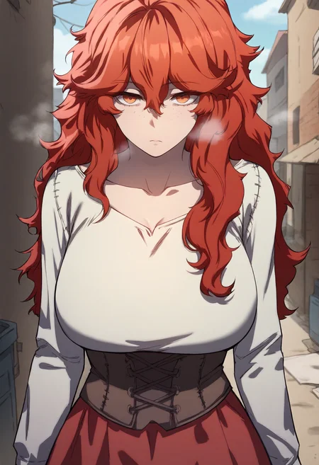 score_9, score_8_up, score_7_up, score_6_up, source_anime, rating_explicit, 1girl, solo, huge breasts,<lora:Jemina prefectPonyxl:1> red hair, red eyes, hair between eyes, freckles, orange eyes, long hair, collarbone, white shirt, long sleeves, brown corset, red skirt, expressionless, Narrow shoulders, heavy breathing, steaming body, alley, outdoors, looking at viewer