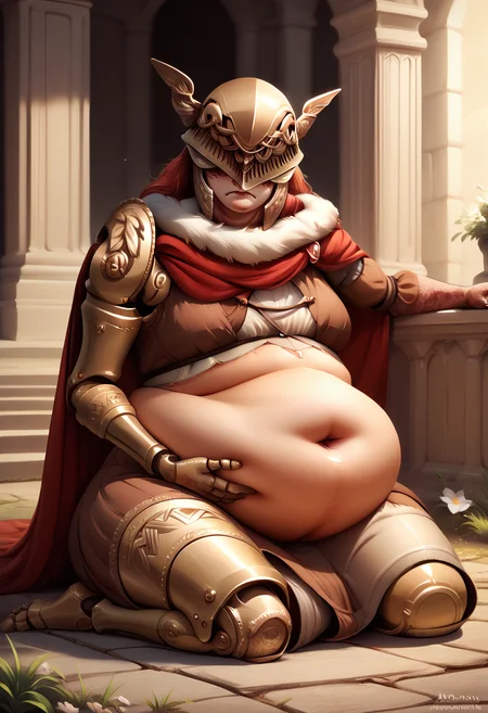 score_9, score_8_up, score_7_up, 1girl, MaleniaDef, red hair, covered eyes, helmet, fur trim, brown dress, red cape, armor, single scar on arm, single mechanical arm, mechanical leg, <lora:Malenia_pdxl_Incrs_v2:1>, <lora:spsaggyBellyXLPony:1> saggy belly, big belly, fat belly, sitting, sad,