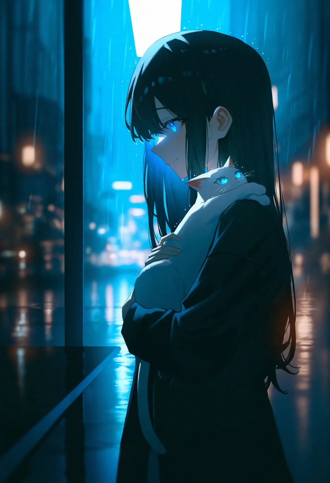 masterpiece,best quality,<lora:add-detail-xl:0.5>,<lora:ponyv6_noobV1_2_adamW:0.7>,absurdres,ultra detailed,highres,newest,cinematic shot,konya karasue,
1girl,long hair,glowing eyes,blue eyes,side view,
holding cat in arms,gently lifting cat,cat looking at her,soft smile,warm expression,caring gaze,
light rain,soft raindrops,wet streets,gentle glow,neon reflections,warm ambient lighting,
soft city lights in the distance,cozy atmosphere,warm glow from nearby cafe,
reflections in puddles,rain droplets catching light,dynamic lighting.,