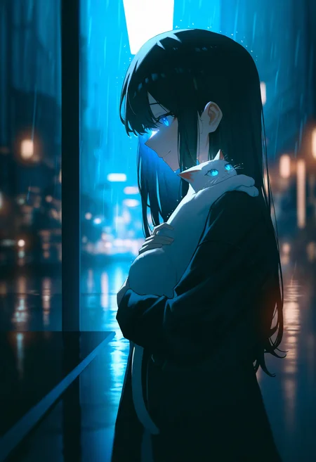 masterpiece,best quality,<lora:add-detail-xl:0.5>,<lora:ponyv6_noobV1_2_adamW:0.7>,absurdres,ultra detailed,highres,newest,cinematic shot,konya karasue,
1girl,long hair,glowing eyes,blue eyes,side view,
holding cat in arms,gently lifting cat,cat looking at her,soft smile,warm expression,caring gaze,
light rain,soft raindrops,wet streets,gentle glow,neon reflections,warm ambient lighting,
soft city lights in the distance,cozy atmosphere,warm glow from nearby cafe,
reflections in puddles,rain droplets catching light,dynamic lighting.,