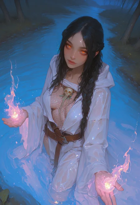 (masterpiece), (best quality), (8k),
1girl, beautiful, breasts, powerful mage, magic robes, ripped robes, fishnets under robes, braided hair, black hair, magic spells, magic spells in hands, battle stance, dynamic angle, ancient fantasy, in nature, tranquil pond, shallow water, forest, battle-ready stance, dynamic pose, at night, moonlight, moonlight reflecting off the wet ground, directional lighting, closeup, from above,
beautiful eyes, skull hanging off of belt, detailed eyes, perfect eyes, orange eyes, beautiful eyes, looking at viewer,
extreme foreshortening,
<lora:ppw_v7_animv4_1_r2:0.6> <lora:748cm_illu:0.6> 7481llu <lora:69yottea_illu_v2:0.4> <lora:illustrious_all_rated_v1:0.6> masterpiece, best quality, very aesthetic, absurdres