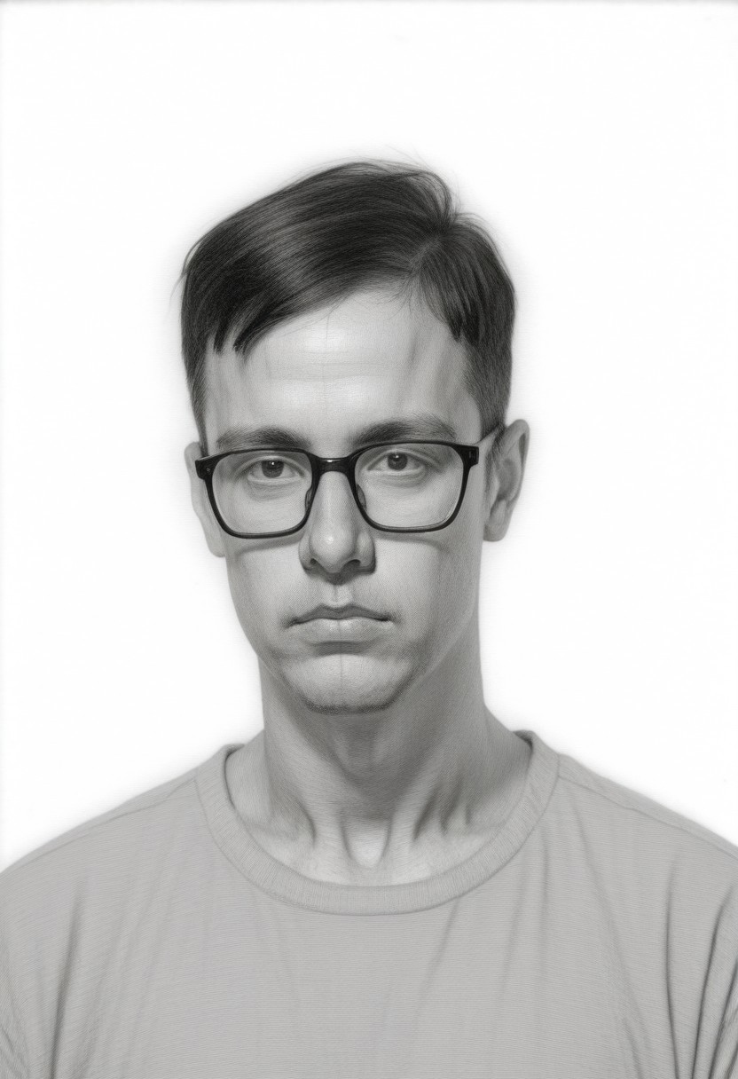 , solo, Monochrom 
 greyscale,,  sketch, , white background, 
pencil sketch style, Pencil drawing
 graphite \(medium\
1boy, black-framed eyewear, black eyes, black hair, closed mouth, expressionless, glasses, looking at viewer, male focus, , short hair, solo, sketch