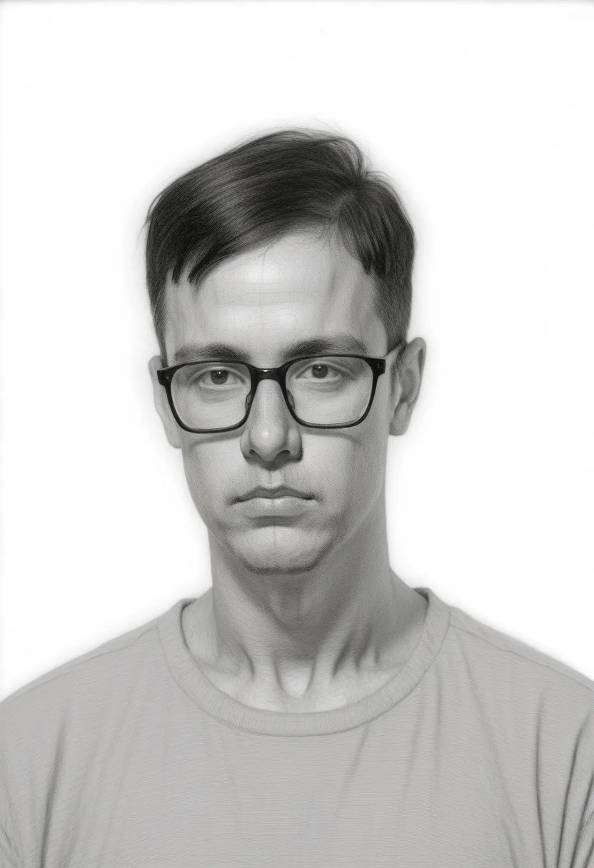 , solo, Monochrom
greyscale,, sketch, , white background,
pencil sketch style, Pencil drawing
graphite \(medium\
1boy, black-framed eyewear, black eyes, black hair, closed mouth, expressionless, glasses, looking at viewer, male focus, , short hair, solo, sketch