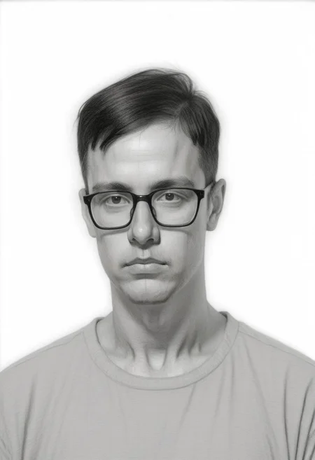 , solo, Monochrom 
 greyscale,,  sketch, , white background, 
pencil sketch style, Pencil drawing
 graphite \(medium\
1boy, black-framed eyewear, black eyes, black hair, closed mouth, expressionless, glasses, looking at viewer, male focus, , short hair, solo, sketch