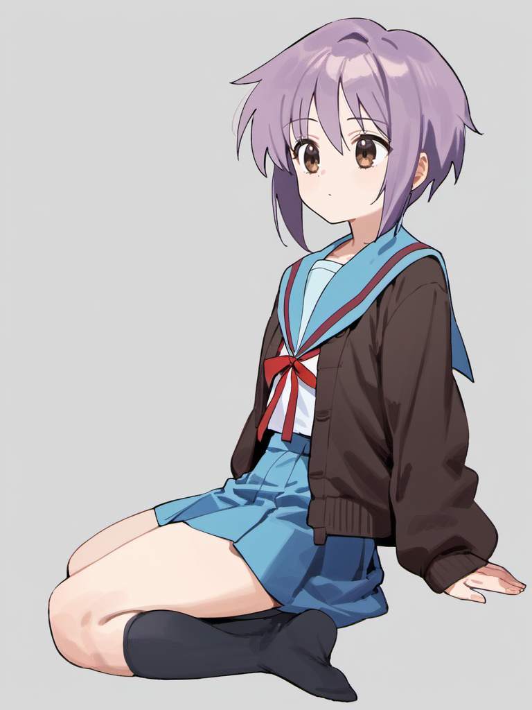 score_9, source_anime,
1girl, nagato yuki, sailor collar, school uniform, skirt, solo, winter uniform, kita high school uniform, cardigan, short hair, purple hair, blue skirt, serafuku, blue sailor collar, open cardigan, red ribbon, brown cardigan, brown eyes, bangs, open clothes, long sleeves, socks, simple background, television, no shoes, ribbon, no mouth, full body, black socks, neck ribbon, grey background, kneehighs, flat color
 <lora:nagato ponyDiffusionV6XL_v6StartWithThisOne 8x16 AdamW8bit__cosine__1708806036:1>
