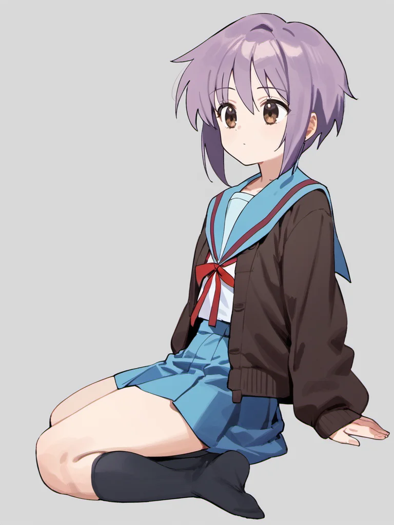 score_9, source_anime,
1girl, nagato yuki, sailor collar, school uniform, skirt, solo, winter uniform, kita high school uniform, cardigan, short hair, purple hair, blue skirt, serafuku, blue sailor collar, open cardigan, red ribbon, brown cardigan, brown eyes, bangs, open clothes, long sleeves, socks, simple background, television, no shoes, ribbon, no mouth, full body, black socks, neck ribbon, grey background, kneehighs, flat color
<lora:nagato ponyDiffusionV6XL_v6StartWithThisOne 8x16 AdamW8bit__cosine__1708806036:1>