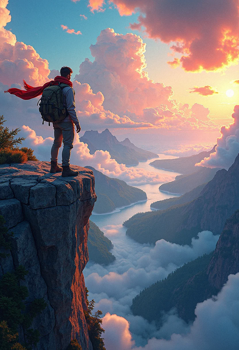 Award winning photography of an explorer at the edge of a rocky precipice, taking in the stunning vista of a vibrant, expansive world below. The sky is a masterpiece of colorful, fluffy clouds and shimmering light. The landscape is dotted with rivers, forests, and distant peaks, creating a sense of endless adventure. The explorer's scarf flutters in the breeze, adding to the scene's dynamic feel. High detail and complexity, bright colors, dynamic lighting, extremely exaggerated and fantastical background, epic and uplifting atmosphere
Extremely photorealistic detail, cinematic lighting, cinematic scene, lens flare, rainbow lens flare, strong wind blowing,