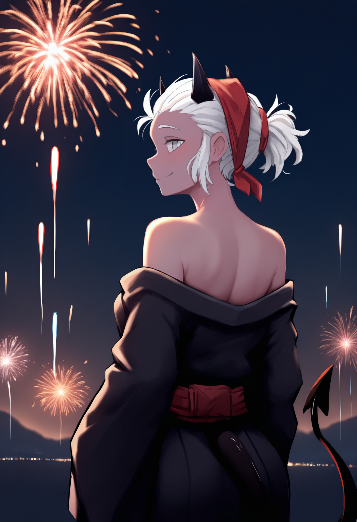 anime, masterpiece, best quality, newest, from behind, solo, 1girl, just1cedef, black tail, demon tail, smile, looking back, short hair, white hair, short ponytail, red bandana, black horns, demon horns, grey eyes, japanese clothes, black kimono, off shoulder, red sash, bare shoulders, outdoors, night, fireworks
<segment:yolo-face_yolov8m.pt,0.4,0.5//cid=1>