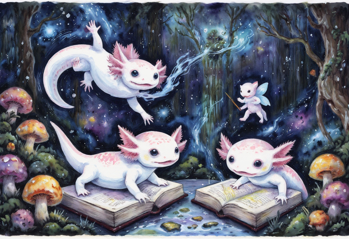 Watercolor painting of, axolotls in a magical forest, casting spells from an enormous spellbook, their tiny wands sparking with magic. One axolotl is accidentally floating, caught in a self-made levitation spell, its expression a mix of surprise and delight. Another axolotl is trying to summon a creature, and a small, glowing fairy appears, hovering above their head. The forest is alive with glowing mushrooms, floating lights, and twisting vines that seem to move on their own, creating an enchanted atmosphere., the axolotls have pink frilly gills and round black eyes