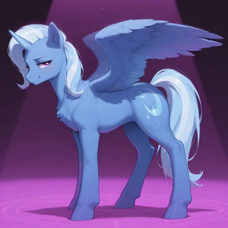 (masterpiece, best quality, very aesthetic, absurdres, vibrant saturated colors, volumetric lighting), BREAK,
background, ponyville, BREAK
Side view, Solo, standing, female, trixie-lulamoon, pony, alicorn, horn, feathered wings, blue fur, (feral, quadruped:1.3), tail, fit body, big butt, big thighs, detailed body fur, detailed fur, seductive look, smug smile, looking at viewer