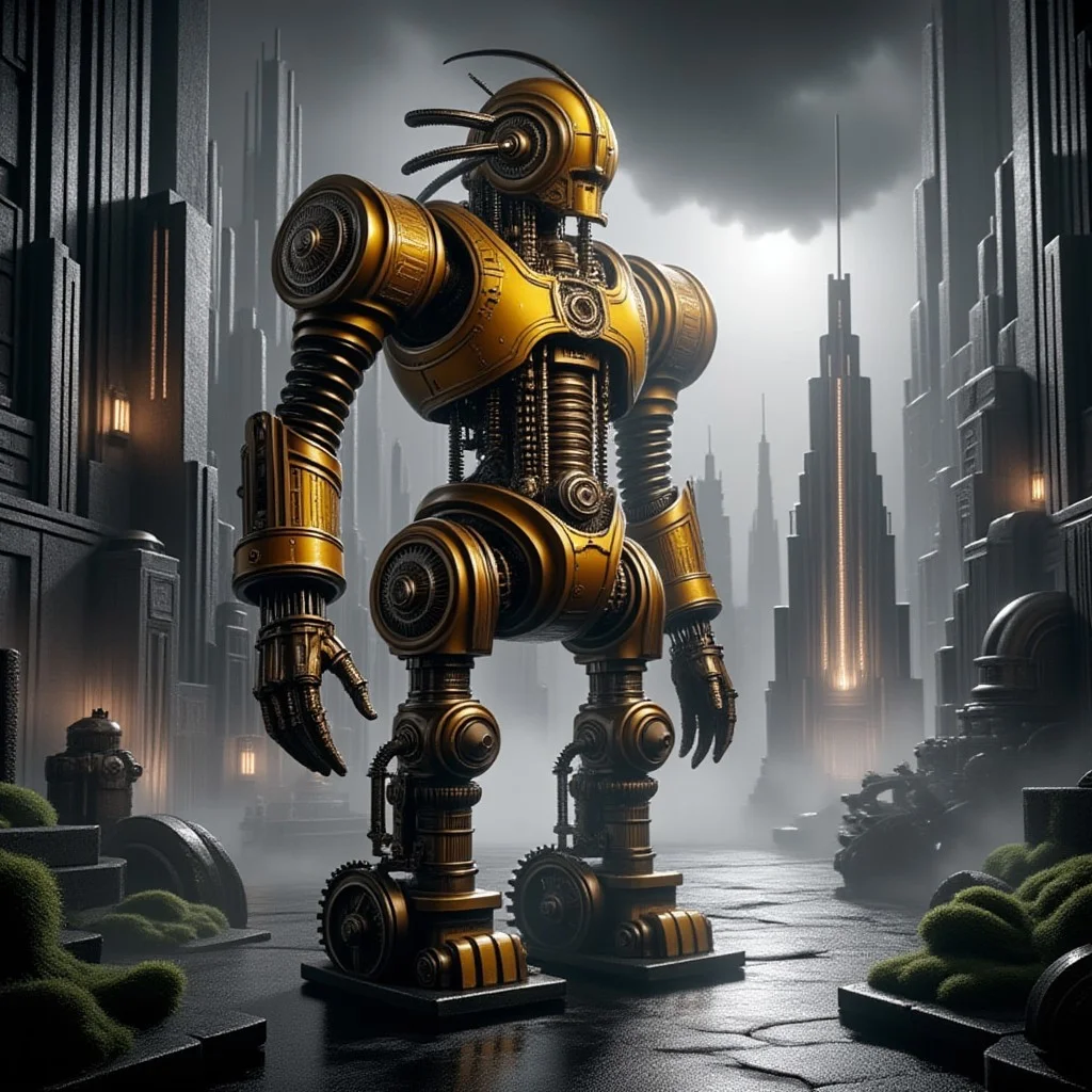 giant bipedal robot dirty yellow and dark amber, bronze paisley robot. lacy robot UFO head. outside of a steampunk keep. large detailed torso. dark image. one forty foot tall ancient robot with great arms and two heavy spring legs. dark foggy night background. $dark foggy night image only. dark photo realistic image. steampunk details. cogs, chains and pipes incorporated in the fantasy buildings. magic wizards tower in background. Dark swamp, moss, castle ruins, wizards tower. stormy dark night. Lightning sky