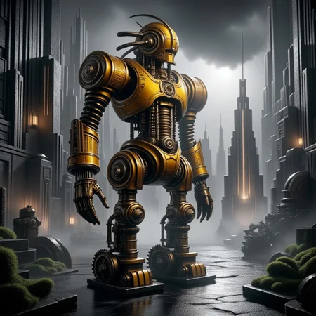 giant bipedal robot dirty yellow and dark amber, bronze paisley robot. lacy robot UFO head. outside of a steampunk keep. large detailed torso. dark image. one forty foot tall ancient robot with great arms and two heavy spring legs. dark foggy night background. $dark foggy night image only. dark photo realistic image. steampunk details. cogs, chains and pipes incorporated in the fantasy buildings. magic wizards tower in background. Dark swamp, moss, castle ruins, wizards tower. stormy dark night. Lightning sky