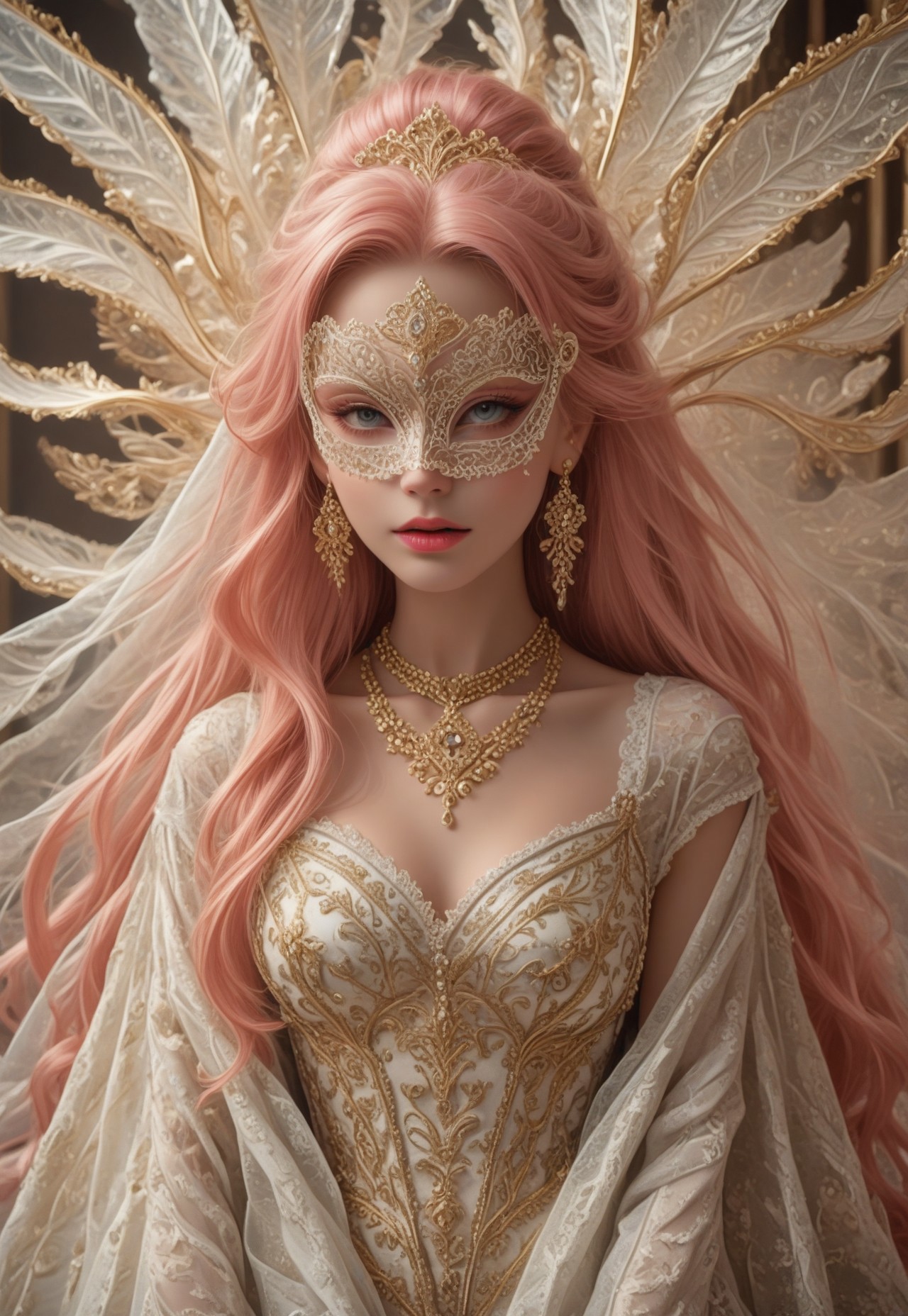 safe_pos, pmg style, score_9, score_8_up, score_7_up, score_6_up, 
pink hair, ((very long hair:1.4)), ((white puppet:1.2)), ((white lace mask:1.3)), gold pattern mask, (slender:1.2), glowing transparent wings, wings on back, huge fractal patterned wings, slender, beautiful breasts, white shining dress, see-through shawl, fancy shawl, full of gold ornaments dress, tiara, extravagant jeweled necklace, crazy extravagant, excessive glittering decorations on dress, complicated patterned dress, flowers, long earrings, glitters on dress, jewelry, layered dress, complicated patterned dress, excessive extravagant ornaments, 
