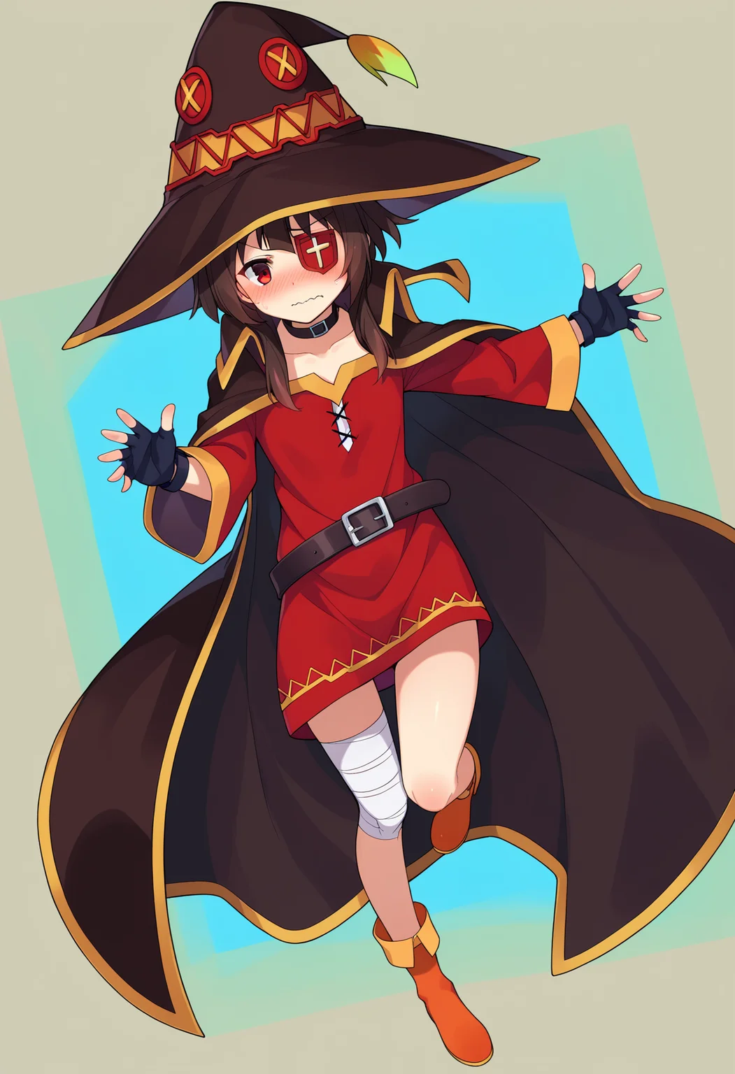 score_9, score_8_up, score_7_up, source_anime,
BREAK
1girl, solo, 
<lora:shiMeguminV1:1.0>, 
shimegumanga, megumangastyle, short hair, brown hair, red eyes,
collarbone, black gloves, choker, belt, fingerless gloves, cape, collar, witch hat, red dress, eyepatch, 
bandaged leg, single thighhigh, asymmetrical legwear,
looking at viewer, blush, wavy mouth, shy, full body, ;o,