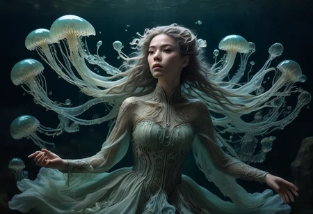 long mid shot portrait photography of an ethereal warrior, (glowing runes: 1.1), fairytale aesthetic. light green sheme, Photorealistic, intricate details, realism, sfw, ultrasharp,photography, floating, dress, water, under water, jellyfish, haute couture, tentacles, bioluminescence