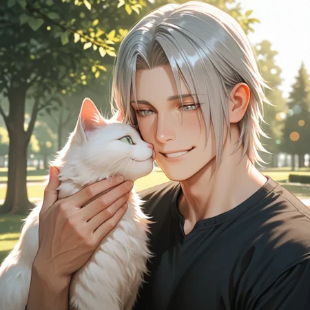 masterpiece, best quality, amazing quality, absurdres, newest, detailed background, definition so sharp, Ultra-HD, 8K cinematic, very awa, impressionate, amazing quality, highres,
solo, male focus, manly,
yashiroisana, 1boy, short hair, parted bangs, shiro_pretime, shiro_grey hair, shiro_grey eyes, smiling, interacting with pet, white cat, playful gesture, calm, park, sunny day, soft bokeh, aesthetic, friendly, joyful, energetic