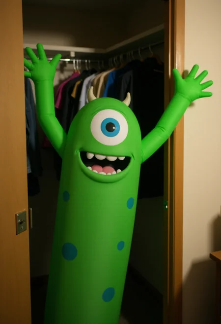 <lora:Wacky_Waving_Inflatable_Arm_Flux_Man-000009:0.9>
The image is a photograph of a very tall, inflatable Mike Wazowski with wavy raised arms in a bedroom closet .
