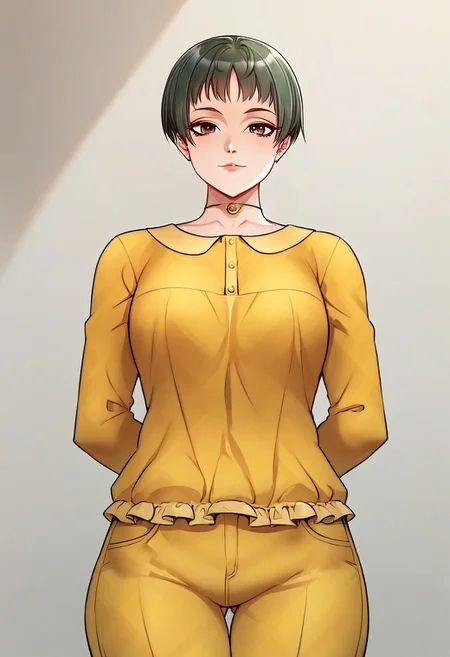 score_9, score_8_up, score_7_up, ASCII masterpiece, source_anime, BREAK, 1girl, solo, (( <lora:eun-seo:1> , eun-seo, thin waist, normal hips, beautiful skin, skinny, beautiful brown eyes, clear eyes, bright pupils, beautiful eyes, beautiful green hair, beautiful micro-bob cut hair, medium breasts, natural beauty, extraordinary beautiful cute woman, attractive cute woman, super sexy cute woman, lustful body, sexy cute woman with seductive obscene body, sensual body, voluptuous body, cute sexy beauty, no piercings, no piercing, )), ((cute long sleeves yellow pyjama top with yellow collar and buttons and frills, cute yellow pyjama pants, )) , closed mouth, sexy pose, seducative smile, indoor, bedroom, looking at viewer, horny, seductive, hands behind back, standing, from below, cowboy shot, front view, closing up, leans forward,