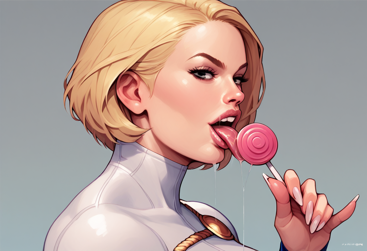 score_9, score_8_up, score_7_up, score_6_up, 1girl, licking a lollipop, holding lollipop, tongue out, saliva trail, blonde hair, short hair, bangs, power girl, looking at viewer, from_side, portrait, long nails,  <lora:TemogamV7:1>
