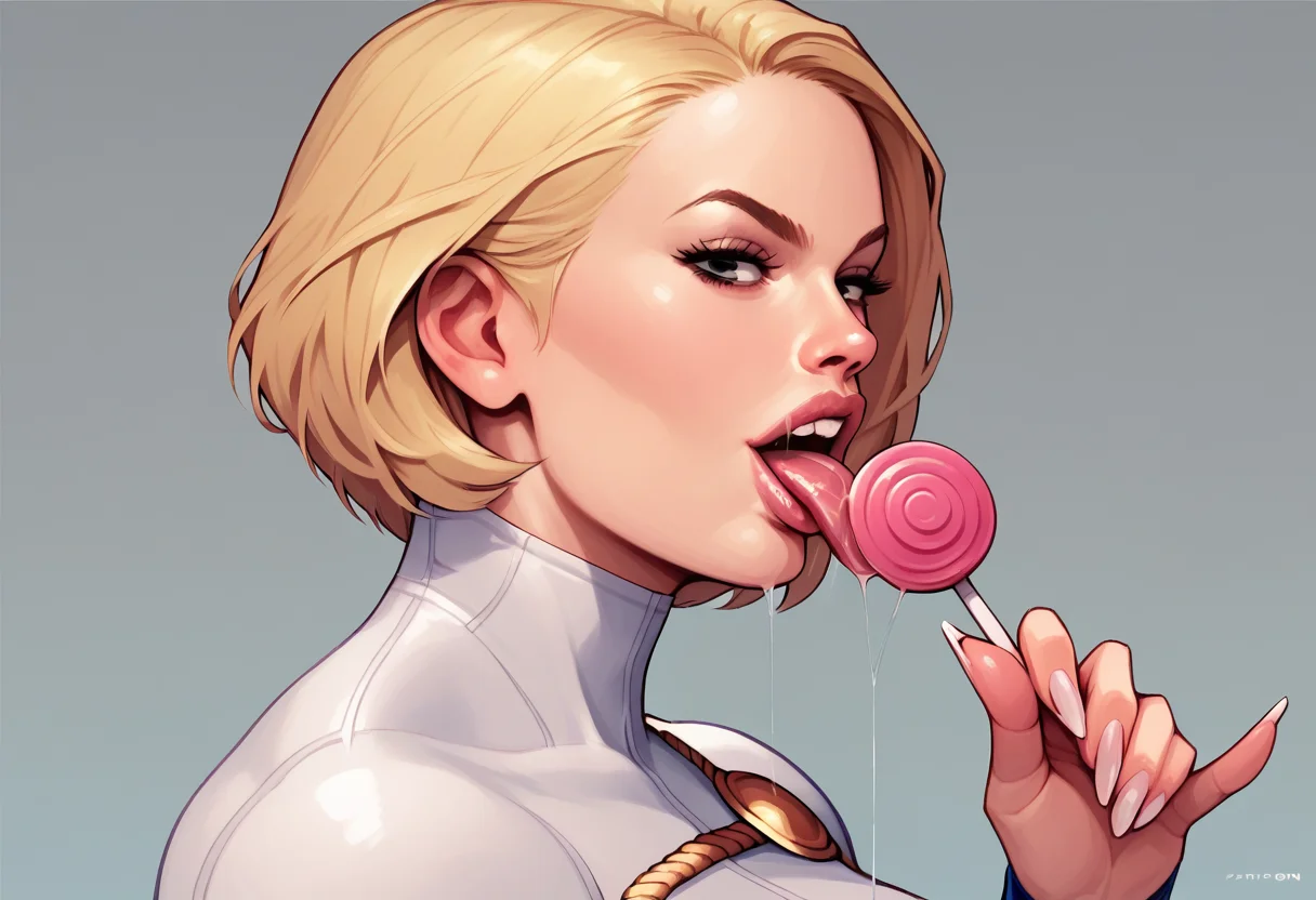 score_9, score_8_up, score_7_up, score_6_up, 1girl, licking a lollipop, holding lollipop, tongue out, saliva trail, blonde hair, short hair, bangs, power girl, looking at viewer, from_side, portrait, long nails, <lora:TemogamV7:1>