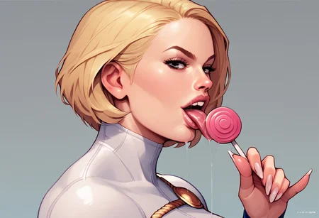 score_9, score_8_up, score_7_up, score_6_up, 1girl, licking a lollipop, holding lollipop, tongue out, saliva trail, blonde hair, short hair, bangs, power girl, looking at viewer, from_side, portrait, long nails,  <lora:TemogamV7:1>