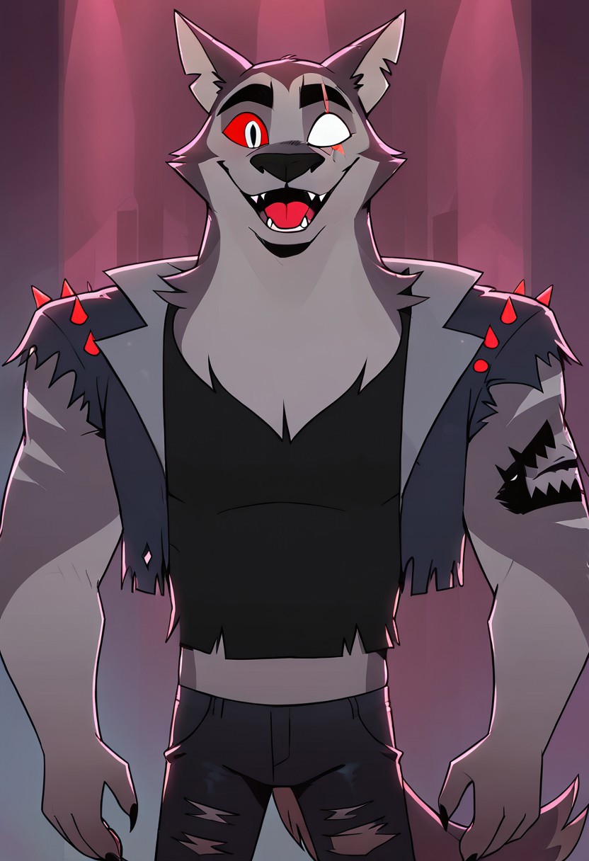 SCORE_9, SCORE_8_UP, SOURCE_ANIME, REALISTIC, BREAK, 1MALE, TEX, FACE FOCUS, CLOSE UP, PORTRAIT, FRONT VIEW, FURRY, GREY FUR, (SCAR ACROSS EYE), (BLANK GLASS EYE), RIGHT EYE SILVER, RIGHT RED SCLERA, EAR SLITS, TANK TOP, SPIKED LEATHER VEST, RIPPED JEANS, TAIL, ARM TATTOO, LAUGHING, FANGS, BREAK, DARK STRIP CULB, FURRY STRIPPERS, HIGH RESOLUTION, VIVD TEXTURES