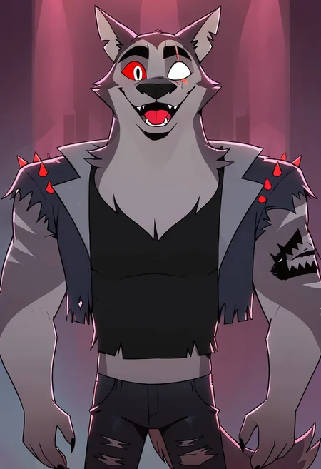 SCORE_9, SCORE_8_UP, SOURCE_ANIME, REALISTIC, BREAK, 1MALE, TEX, FACE FOCUS, CLOSE UP, PORTRAIT, FRONT VIEW, FURRY, GREY FUR, (SCAR ACROSS EYE), (BLANK GLASS EYE), RIGHT EYE SILVER, RIGHT RED SCLERA, EAR SLITS, TANK TOP, SPIKED LEATHER VEST, RIPPED JEANS, TAIL, ARM TATTOO, LAUGHING, FANGS, BREAK, DARK STRIP CULB, FURRY STRIPPERS, HIGH RESOLUTION, VIVD TEXTURES