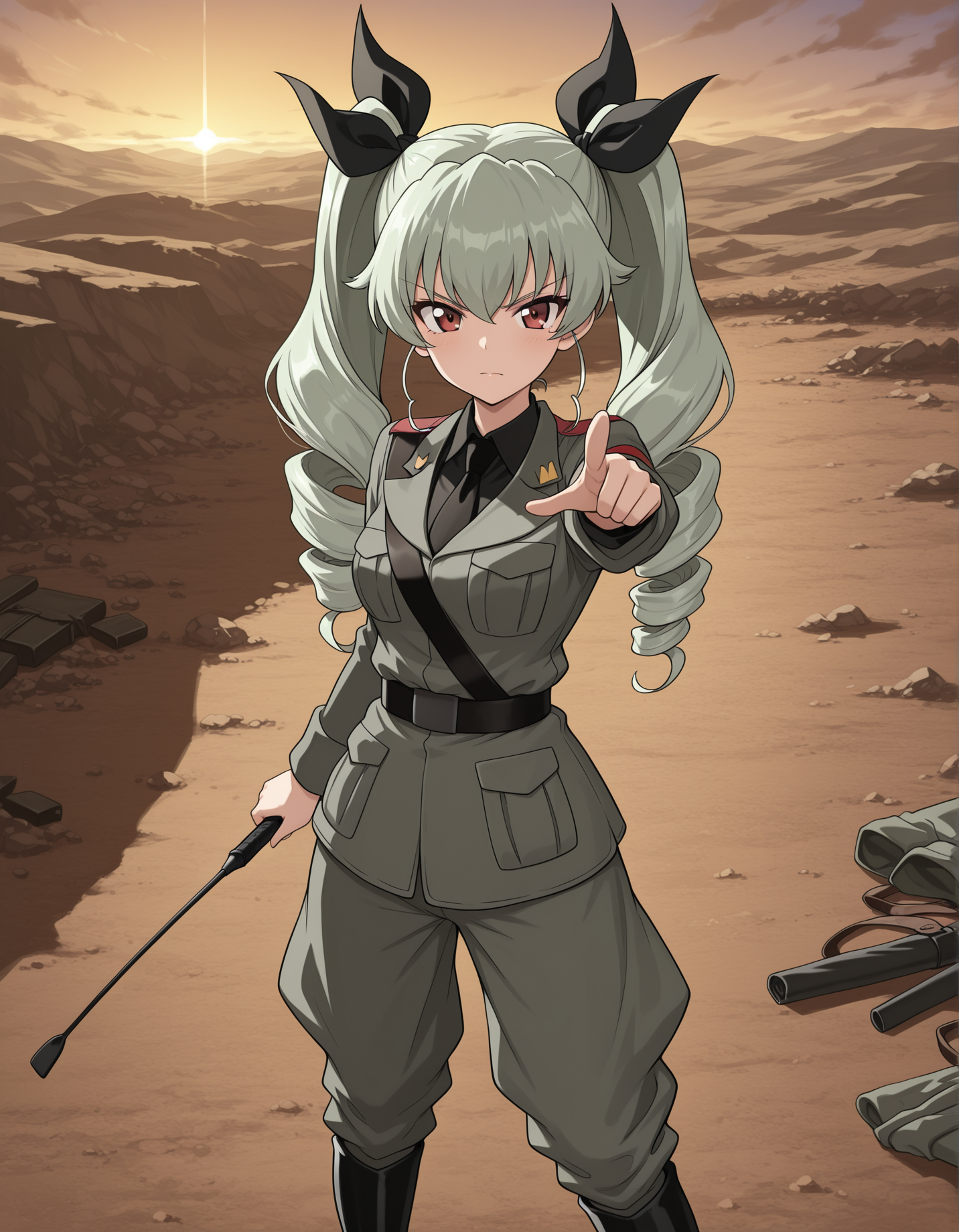 masterpiece, best quality, absurdres, highres,    <lora:anchovy illu:1> anchovyillu, anzio military uniform, black belt, riding crop, holding, black shirt, wing collar, grey pants, grey jacket, dress shirt, standing,  battlefield, solo, evening, pointing at viewer, knee boots,