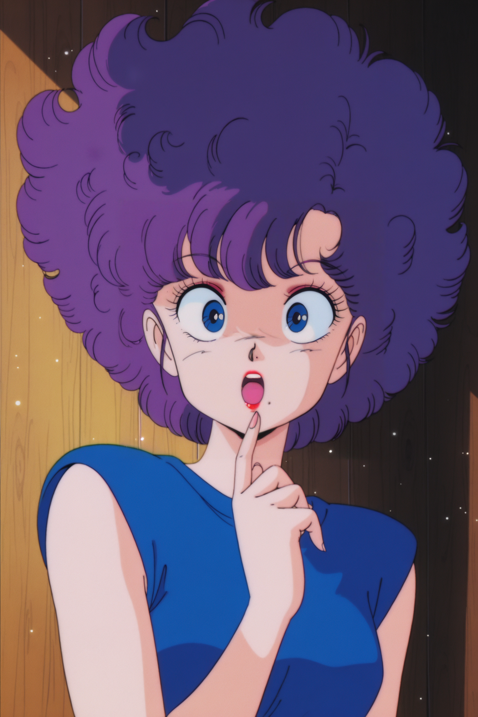 anime screencap, masterpiece, best quality, amazing quality, very aesthetic, absurdres,  newest, (scenery, volumetric lighting), light particles, light rays, dappled sunlight,
ranfan, 1980s \(style\), anime coloring, retro artstyle, 1girl, solo, breasts, looking at viewer, wide-eyed, short hair, curly hair, purple hair, blue eyes, makeup, mole under mouth, sleeveless, blue tank top, portrait, pointing at self, surprised, open mouth, fingernails, eyelashes, lipstick, wooden wall, raised index finger
 <lora:Ranfan_IL:0.8>
