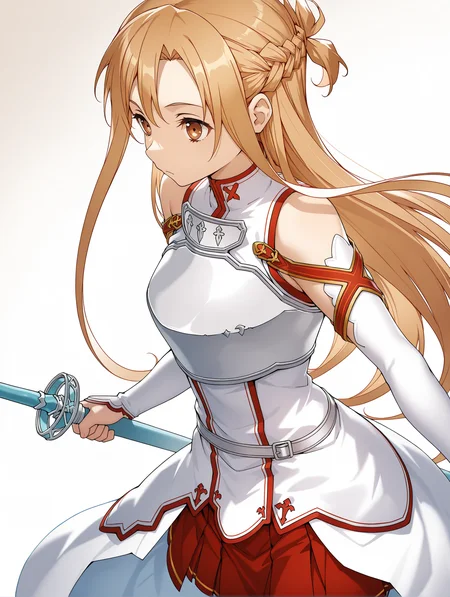 masterpiece,best quality,newest,
1girl,solo,
<lora:a_asuna_ilxl_v1:1>,a_asuna,brown eyes,a_clothes,long_sleeves,armor,red skirt,a_sword,holding sword,
<lora:Fixhands_anime_bdsqlsz_V1:1>,dynamic_angle,cinematic_angle,white_background,simple_background,cowboy_shot,expressionless,:<,profile,