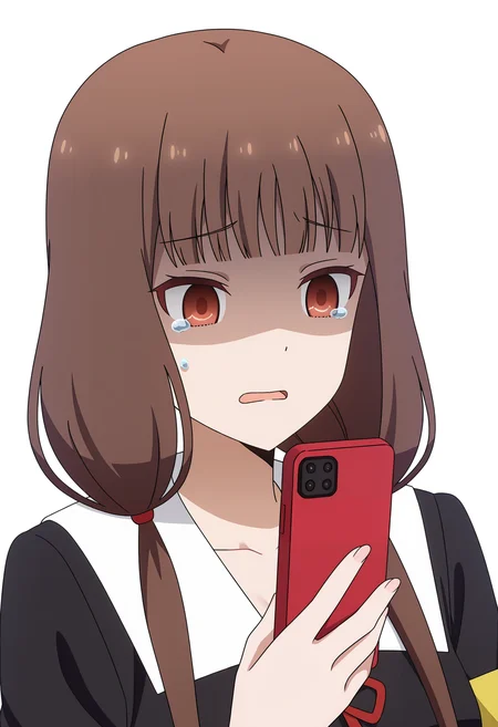 <lora:Iino Miko_illustrious-000010:1>,
Iino Miko,solo,phone,school uniform,holding,holding phone,cellphone,smartphone,shaded face,tears,dress,upper body,black dress,white background,open mouth,anime screencap,