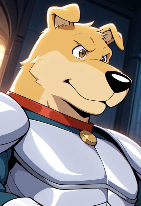 <lora:HunterRR:0.8>, solo, hunter, golden retriever, male, manly, brown eyes, armor, shoulder armor, collar, white gloves, face focus, portrait, upper body, dutch angle, BREAK masterpiece, 4K, separate focus, best quality, amazing quality, very aesthetic, high resolution, chromatic aberration, dynamic lighting, extremely-detailed, depth of field, newest, scenery, detailed fur, detailed muscles