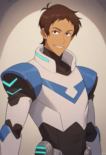score_9, score_8_up, score_7_up, source_anime, highly detailed, 
lance, 1boy, male focus, solo, brown hair, short hair, dark skin, smile, dark-skinned male, armor, black eyes, neon trim, bodysuit, blue bodysuit, upper body,
indoor, aerospace base
