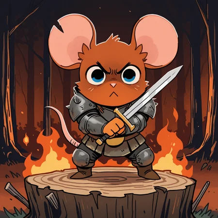 ROOT, mouse, sword,burning forest , solo, close to viewer , badass warrior, cunning, dynamics, fighting stance,:<, tree stump, strong, deep colors, male, angry, rich colors, detailed, dark <lora:ROOT-000008:0.8>, best composition, holding sword in hand