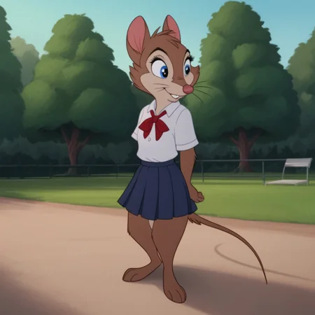 score_9, score_8_up, score_7_up, score_6_up, score_5_up, score_4_up, source_furry, brisbytson, semi-anthro, female, mouse, brown fur, blue eyes, whiskers, park, barefoot, solo, 1girl, school uniform, smile, standing,