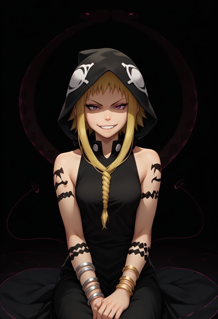 score_9, score_8_up, score_7_up, source_anime, highly detailed,
medusa, 1girl, solo, hood, braid, jewelry, bracelet, smile, blonde hair, tattoo, sleeveless, shaded face, bare shoulders, long hair, grin, smirk, single braid, short hair with long locks, nail polish, long dress, bare foot,
black background, snakes, evil aura, sit,