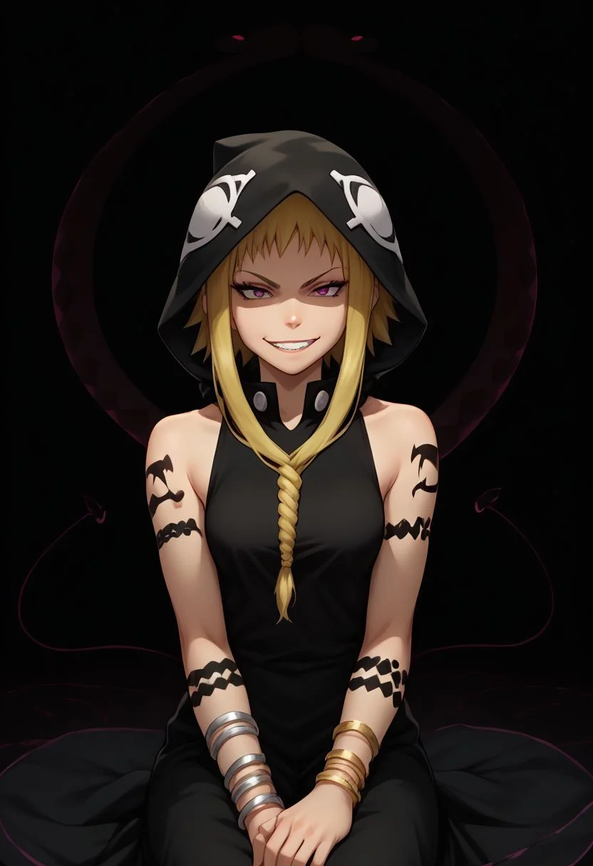 score_9, score_8_up, score_7_up, source_anime, highly detailed,
medusa, 1girl, solo, hood, braid, jewelry, bracelet, smile, blonde hair, tattoo, sleeveless, shaded face, bare shoulders, long hair, grin, smirk, single braid, short hair with long locks, nail polish, long dress, bare foot,
black background, snakes, evil aura, sit,
