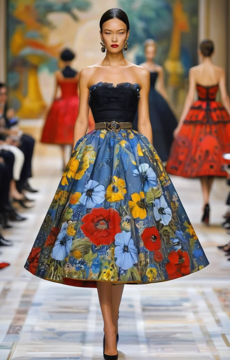 masterpiece,best quality,<lora:tbh361-sdxl:0.6>,illustration,style of Stefano Gabbana, Dior's iconic 'New Look' silhouette, cinched waist, full skirt, 1950s glamour, Paris fashion week